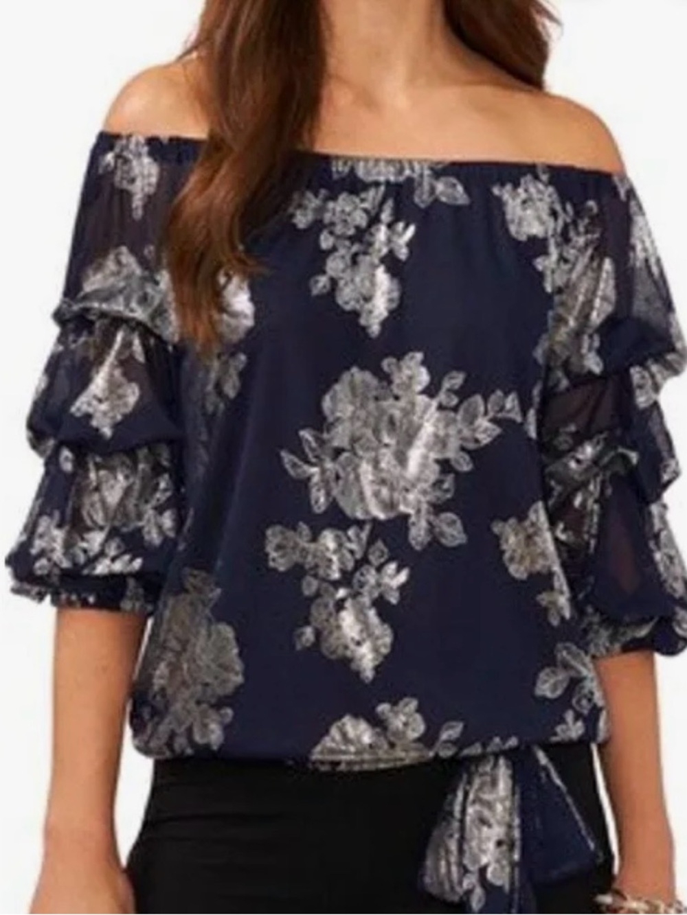 Off-Shoulder Navy Floral Metallic Ruffle Sleeve Top Size Large NWT